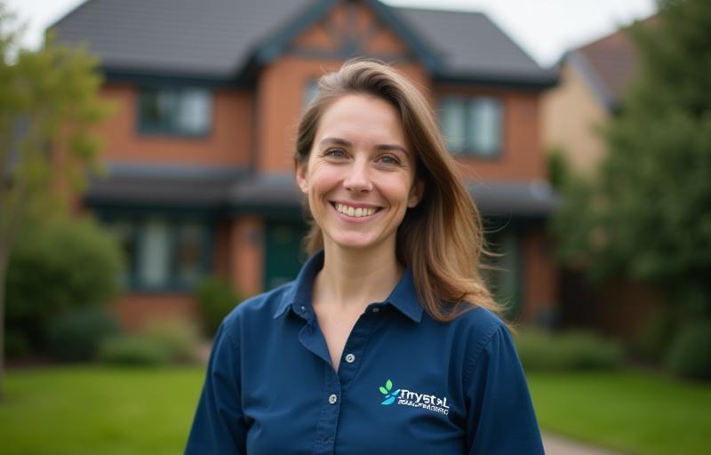 Crystal Clean Solutions team member smiling in front of a Manchester home